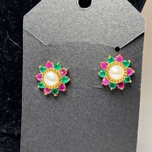 Gold Tone Red and Green Multicolor Floral Stud Earrings with Faux Pearl